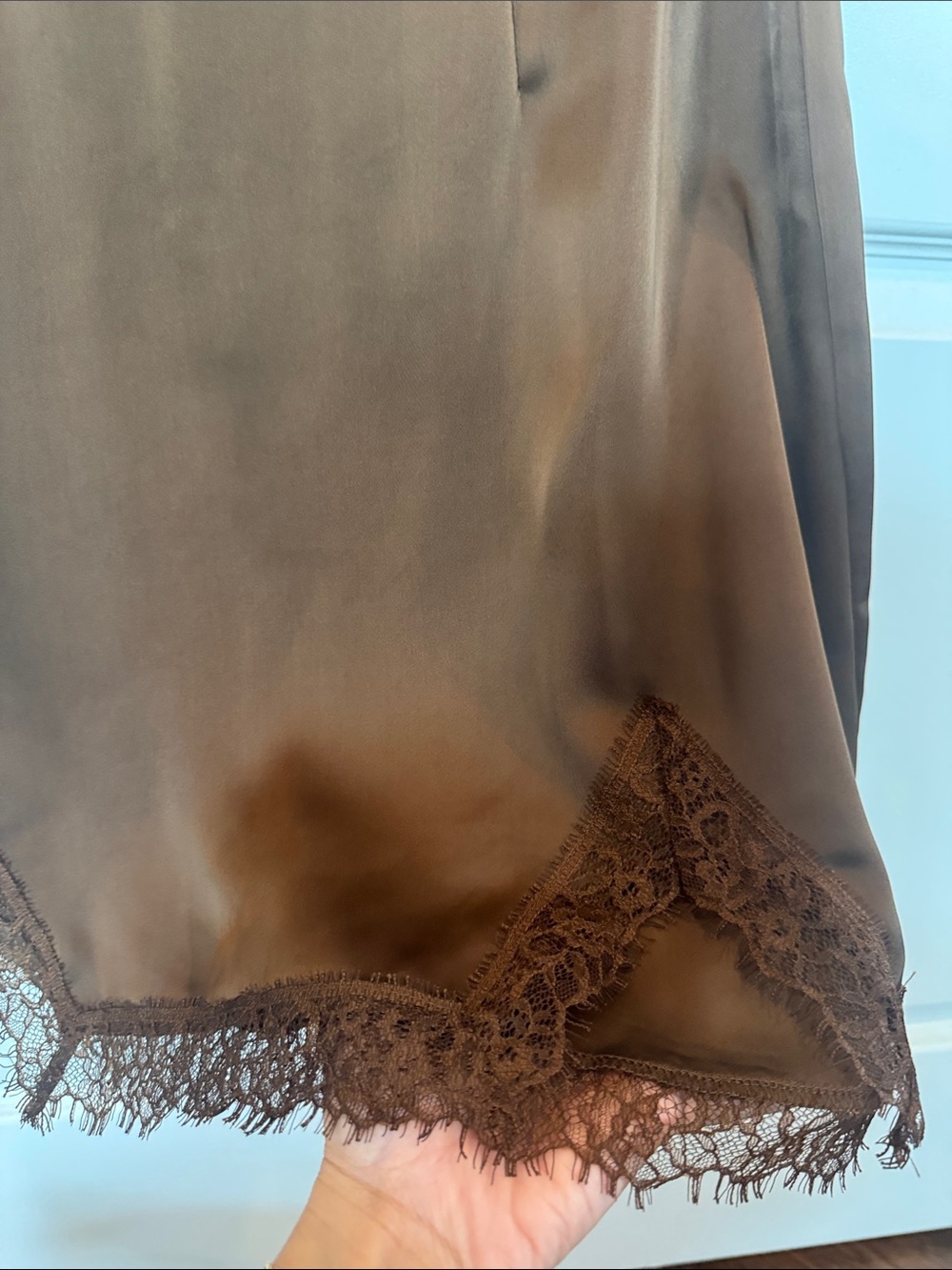 Chocolate Brown Satin Lace Trim Mini Slip Skirt Size Medium - Picture 4 of 5